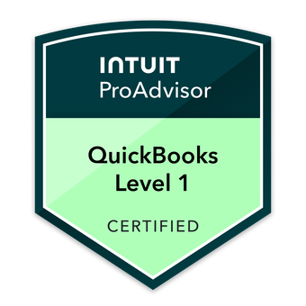 Badge displaying "Intuit ProAdvisor, QuickBooks Level 1 Certified"